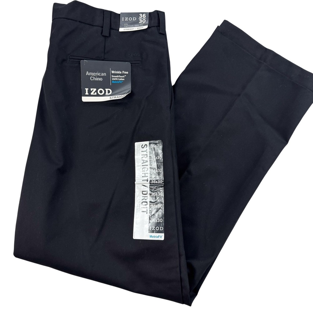 Izod American Chino Pants Mens 36x30 Black Straight Wrinkle Free Cotton NEW